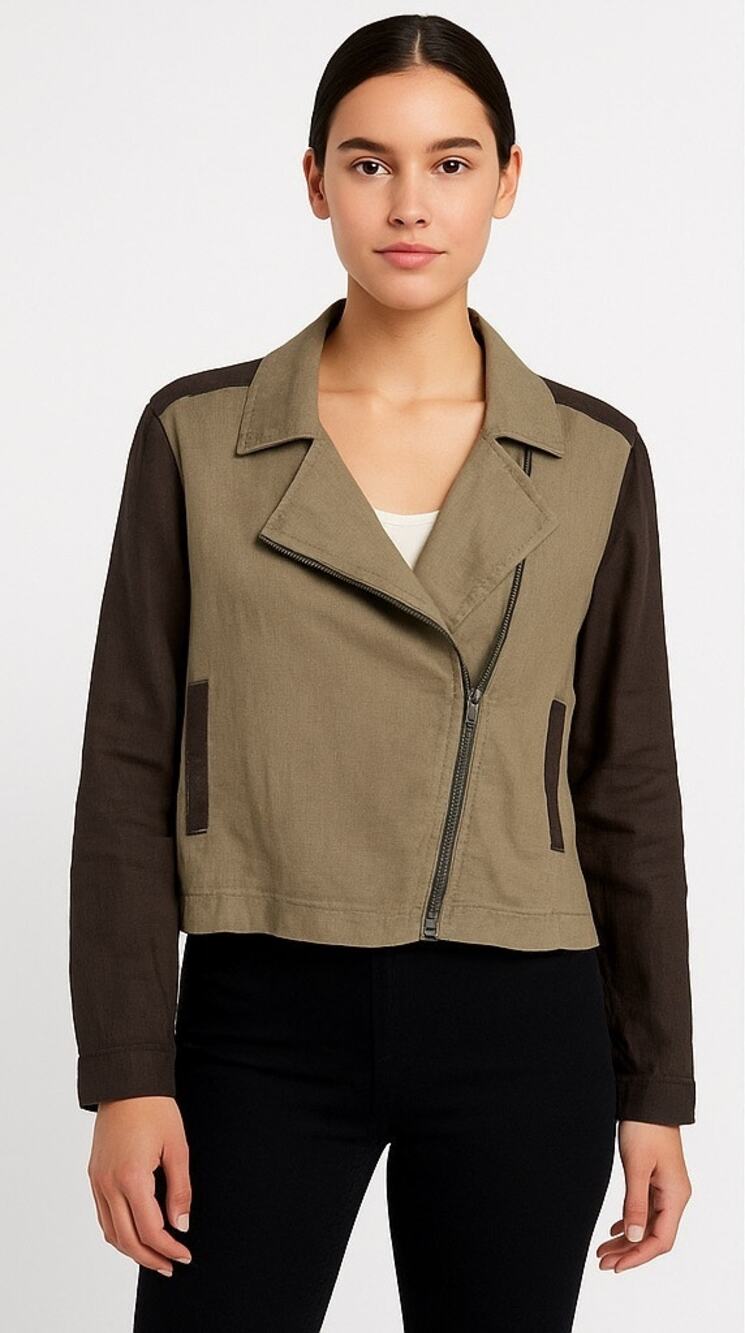 Green Eileen Fisher Organic Linen Moto Jacket Two-Tone Brown Medium